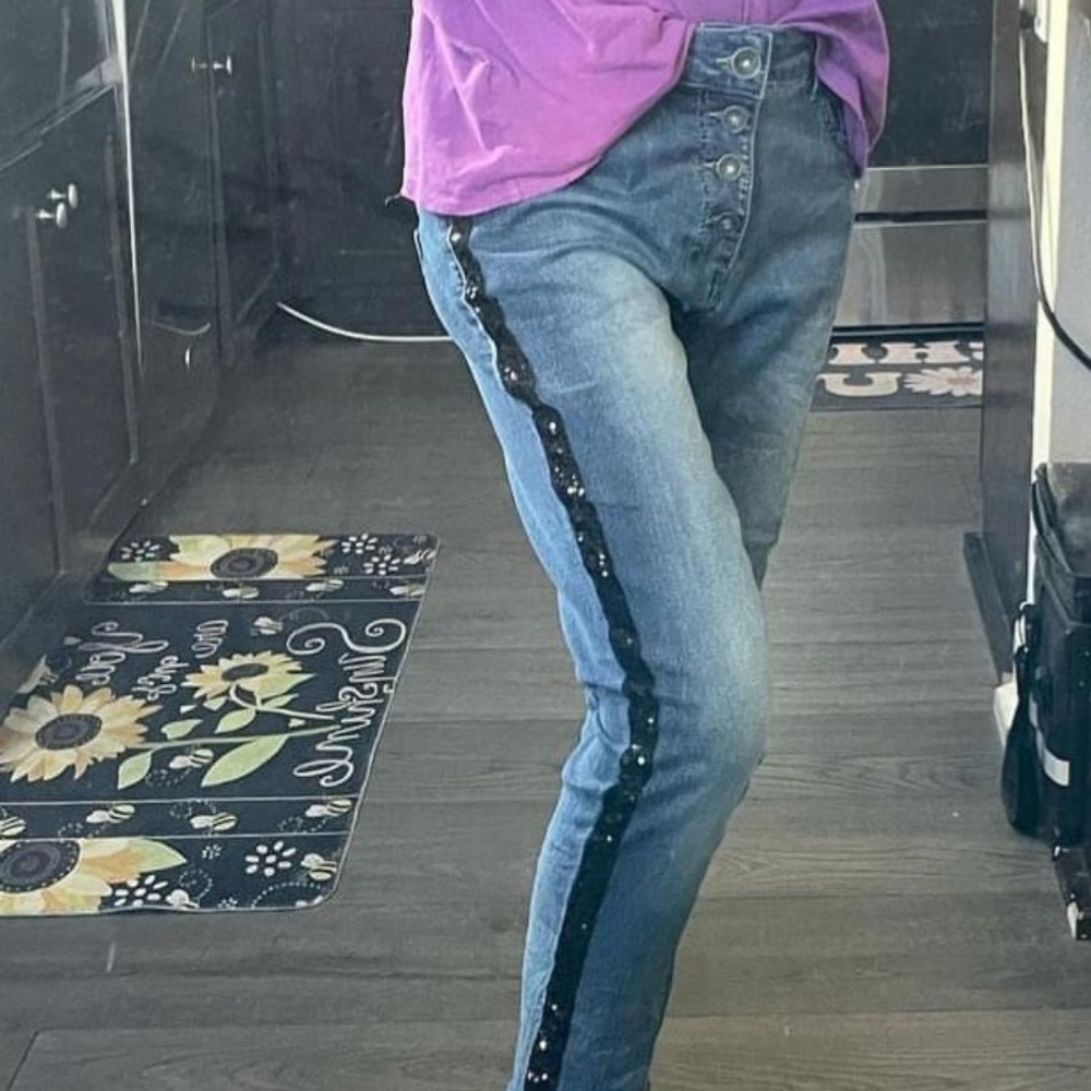 NEWPLAY denim jeans black sequin down the sides size 2 4 6